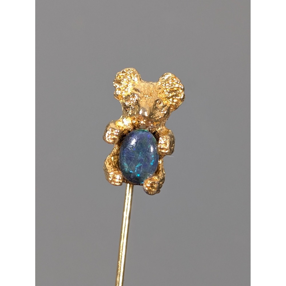 Vintage Gold Tone Koala Bear Faux Opal Stick Pin Lapel Hat Tie Pin